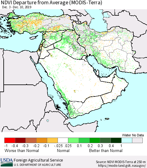 Middle East and Turkey NDVI Departure from Average (MODIS-Terra) Thematic Map For 12/1/2019 - 12/10/2019