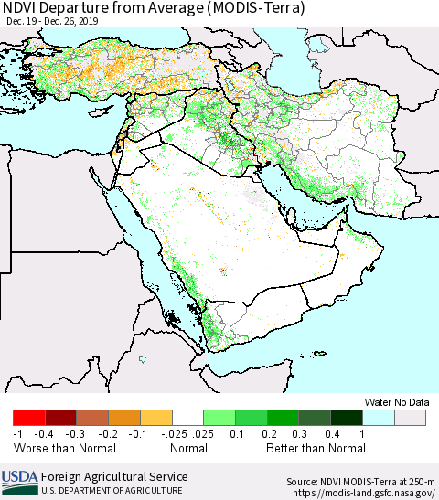 Middle East and Turkey NDVI Departure from Average (MODIS-Terra) Thematic Map For 12/21/2019 - 12/31/2019