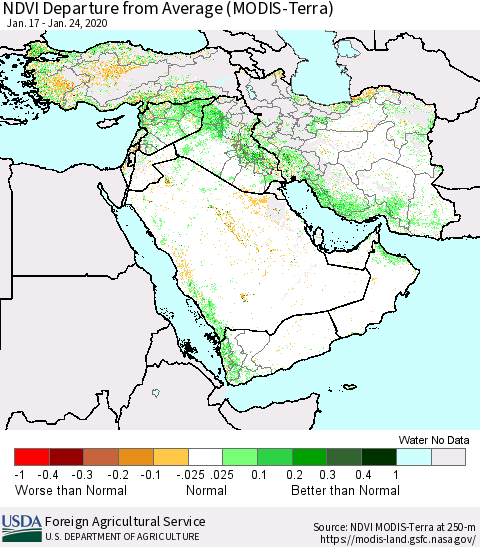 Middle East and Turkey NDVI Departure from Average (MODIS-Terra) Thematic Map For 1/21/2020 - 1/31/2020