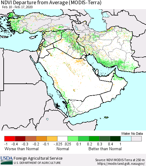 Middle East and Turkey NDVI Departure from Average (MODIS-Terra) Thematic Map For 2/11/2020 - 2/20/2020