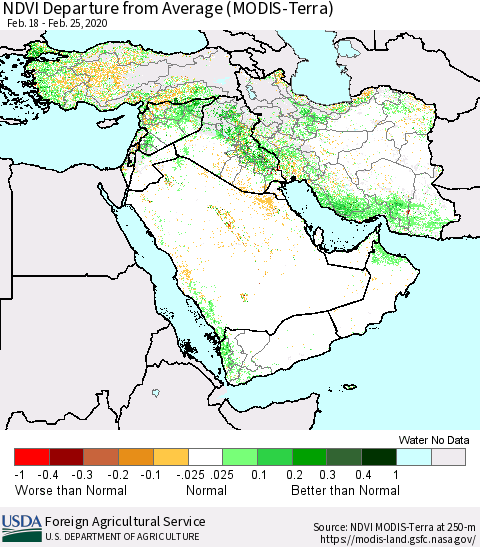 Middle East and Turkey NDVI Departure from Average (MODIS-Terra) Thematic Map For 2/21/2020 - 2/29/2020