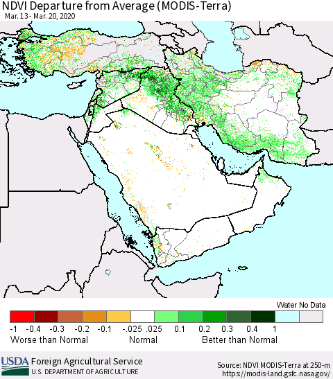 Middle East and Turkey NDVI Departure from Average (MODIS-Terra) Thematic Map For 3/11/2020 - 3/20/2020