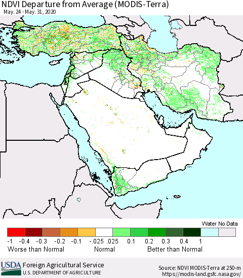 Middle East and Turkey NDVI Departure from Average (MODIS-Terra) Thematic Map For 5/21/2020 - 5/31/2020