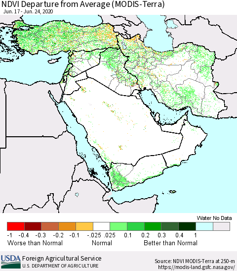 Middle East and Turkey NDVI Departure from Average (MODIS-Terra) Thematic Map For 6/21/2020 - 6/30/2020