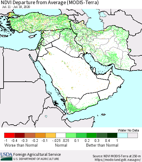 Middle East and Turkey NDVI Departure from Average (MODIS-Terra) Thematic Map For 7/11/2020 - 7/20/2020