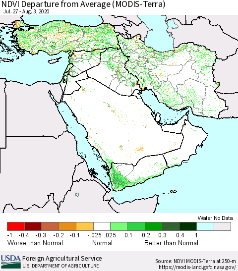 Middle East and Turkey NDVI Departure from Average (MODIS-Terra) Thematic Map For 8/1/2020 - 8/10/2020