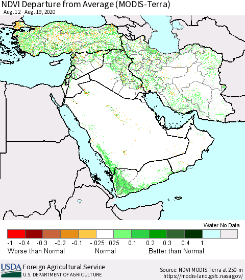 Middle East and Turkey NDVI Departure from Average (MODIS-Terra) Thematic Map For 8/11/2020 - 8/20/2020