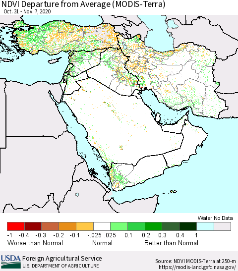 Middle East and Turkey NDVI Departure from Average (MODIS-Terra) Thematic Map For 11/1/2020 - 11/10/2020