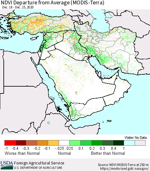 Middle East and Turkey NDVI Departure from Average (MODIS-Terra) Thematic Map For 12/21/2020 - 12/31/2020
