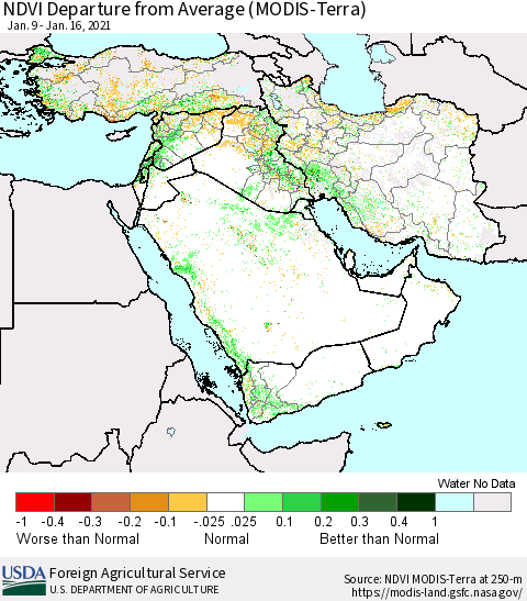 Middle East and Turkey NDVI Departure from Average (MODIS-Terra) Thematic Map For 1/11/2021 - 1/20/2021