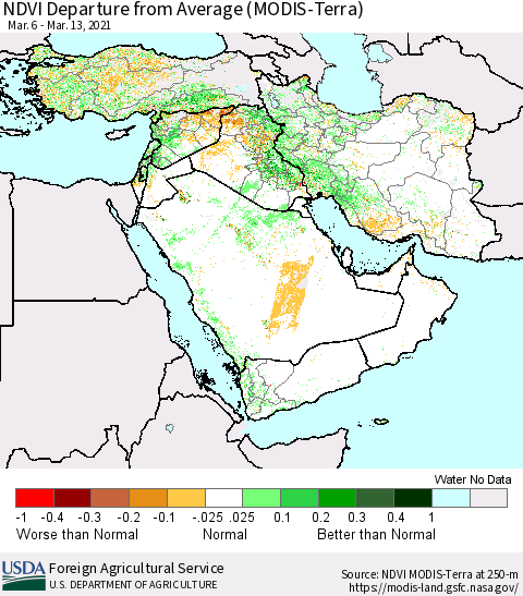 Middle East and Turkey NDVI Departure from Average (MODIS-Terra) Thematic Map For 3/11/2021 - 3/20/2021
