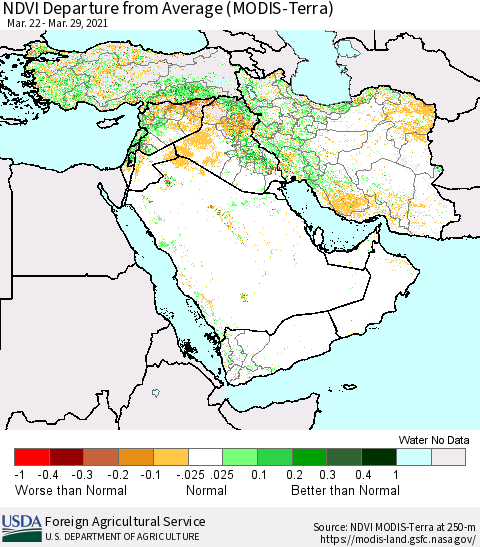 Middle East and Turkey NDVI Departure from Average (MODIS-Terra) Thematic Map For 3/21/2021 - 3/31/2021