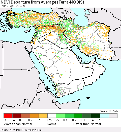 Middle East and Turkey NDVI Departure from Average (Terra-MODIS) Thematic Map For 4/7/2021 - 4/14/2021