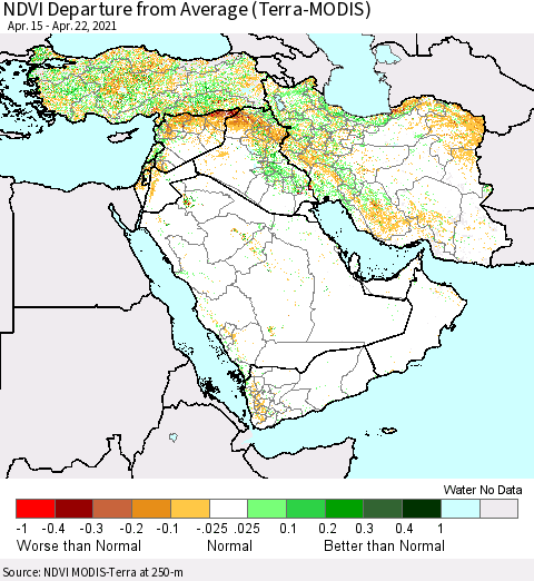 Middle East and Turkey NDVI Departure from Average (Terra-MODIS) Thematic Map For 4/15/2021 - 4/22/2021