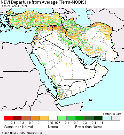 Middle East and Turkey NDVI Departure from Average (MODIS-Terra) Thematic Map For 4/21/2021 - 4/30/2021