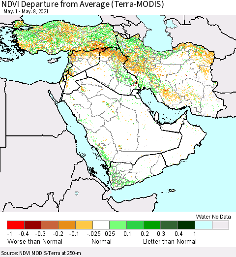 Middle East and Turkey NDVI Departure from Average (Terra-MODIS) Thematic Map For 5/1/2021 - 5/8/2021