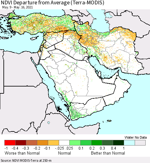 Middle East and Turkey NDVI Departure from Average (Terra-MODIS) Thematic Map For 5/9/2021 - 5/16/2021