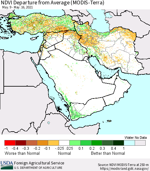 Middle East and Turkey NDVI Departure from Average (MODIS-Terra) Thematic Map For 5/11/2021 - 5/20/2021