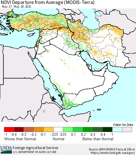Middle East and Turkey NDVI Departure from Average (MODIS-Terra) Thematic Map For 5/21/2021 - 5/31/2021