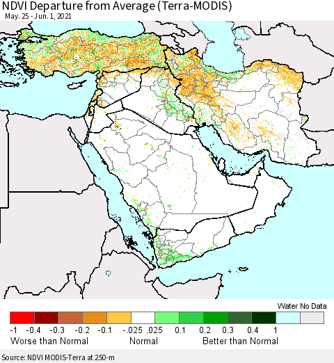 Middle East and Turkey NDVI Departure from Average (Terra-MODIS) Thematic Map For 5/25/2021 - 6/1/2021