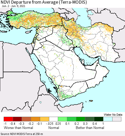 Middle East and Turkey NDVI Departure from Average (Terra-MODIS) Thematic Map For 6/2/2021 - 6/9/2021