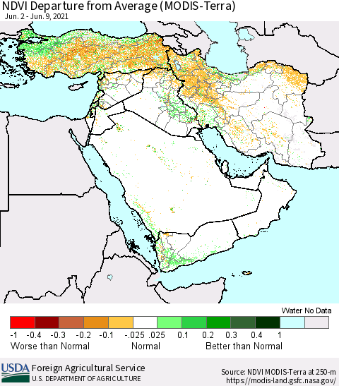 Middle East and Turkey NDVI Departure from Average (MODIS-Terra) Thematic Map For 6/1/2021 - 6/10/2021