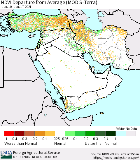 Middle East and Turkey NDVI Departure from Average (MODIS-Terra) Thematic Map For 6/11/2021 - 6/20/2021