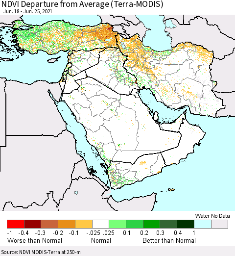 Middle East and Turkey NDVI Departure from Average (Terra-MODIS) Thematic Map For 6/18/2021 - 6/25/2021
