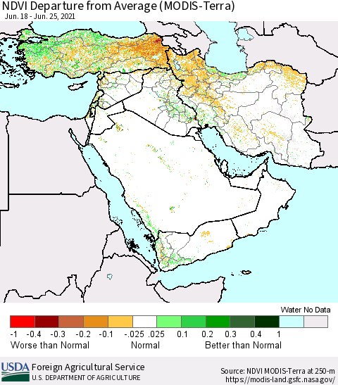 Middle East and Turkey NDVI Departure from Average (Terra-MODIS) Thematic Map For 6/21/2021 - 6/30/2021