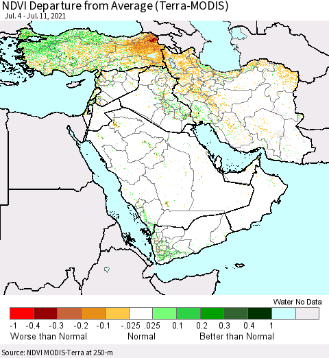 Middle East and Turkey NDVI Departure from Average (Terra-MODIS) Thematic Map For 7/4/2021 - 7/11/2021