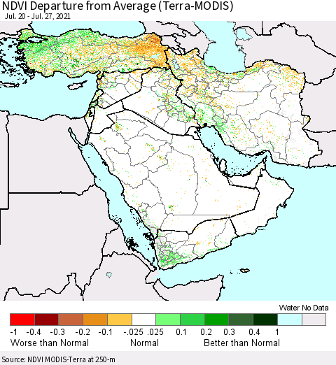 Middle East and Turkey NDVI Departure from Average (Terra-MODIS) Thematic Map For 7/20/2021 - 7/27/2021