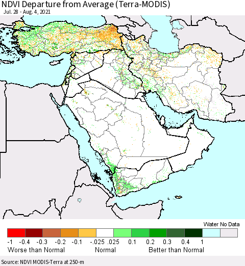 Middle East and Turkey NDVI Departure from Average (Terra-MODIS) Thematic Map For 7/28/2021 - 8/4/2021