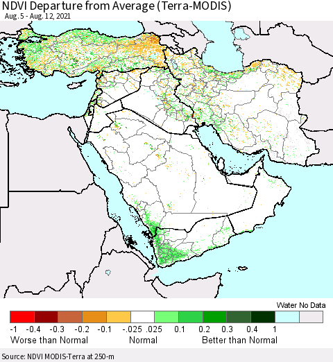 Middle East and Turkey NDVI Departure from Average (Terra-MODIS) Thematic Map For 8/5/2021 - 8/12/2021