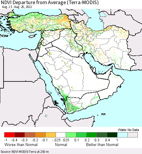 Middle East and Turkey NDVI Departure from Average (MODIS-Terra) Thematic Map For 8/11/2021 - 8/20/2021