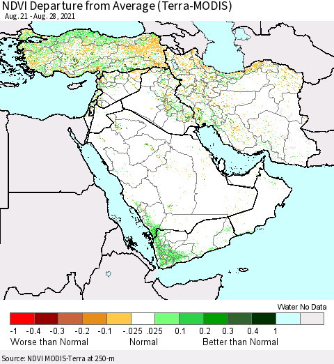 Middle East and Turkey NDVI Departure from Average (Terra-MODIS) Thematic Map For 8/21/2021 - 8/28/2021