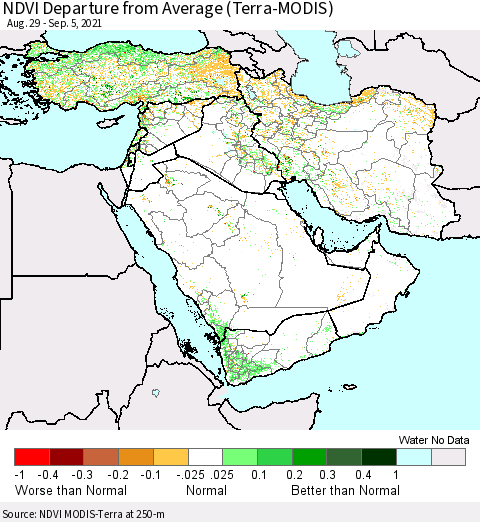 Middle East and Turkey NDVI Departure from Average (Terra-MODIS) Thematic Map For 8/29/2021 - 9/5/2021