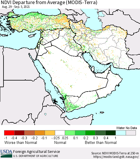 Middle East and Turkey NDVI Departure from Average (MODIS-Terra) Thematic Map For 9/1/2021 - 9/10/2021