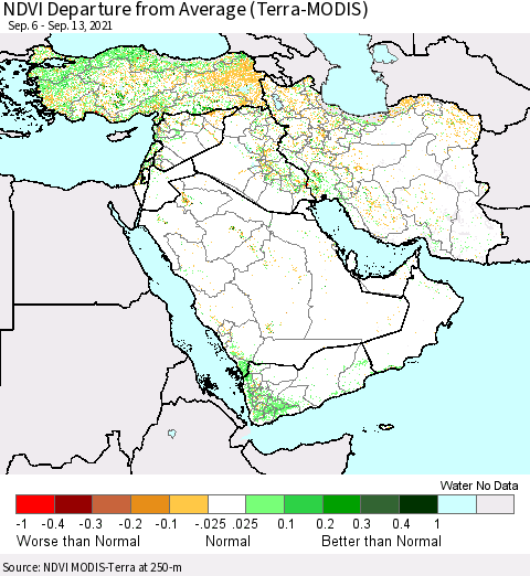 Middle East and Turkey NDVI Departure from Average (Terra-MODIS) Thematic Map For 9/6/2021 - 9/13/2021