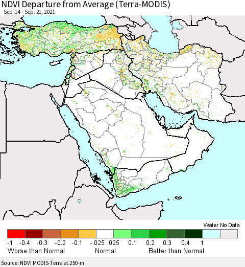 Middle East and Turkey NDVI Departure from Average (Terra-MODIS) Thematic Map For 9/14/2021 - 9/21/2021
