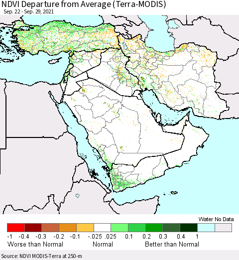 Middle East and Turkey NDVI Departure from Average (Terra-MODIS) Thematic Map For 9/22/2021 - 9/29/2021