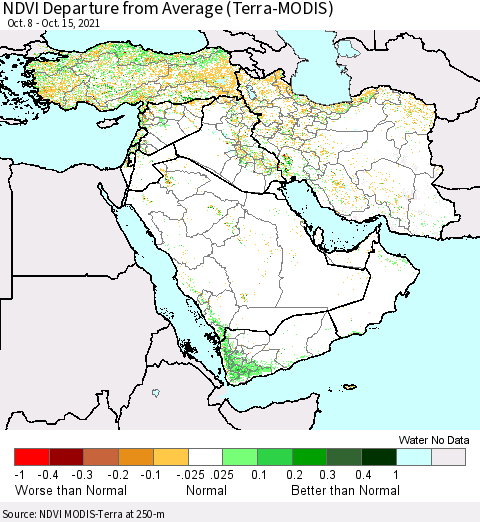 Middle East and Turkey NDVI Departure from Average (Terra-MODIS) Thematic Map For 10/8/2021 - 10/15/2021