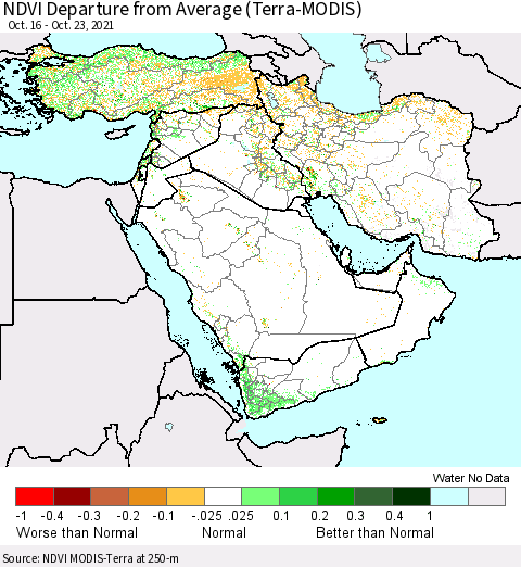 Middle East and Turkey NDVI Departure from Average (Terra-MODIS) Thematic Map For 10/16/2021 - 10/23/2021