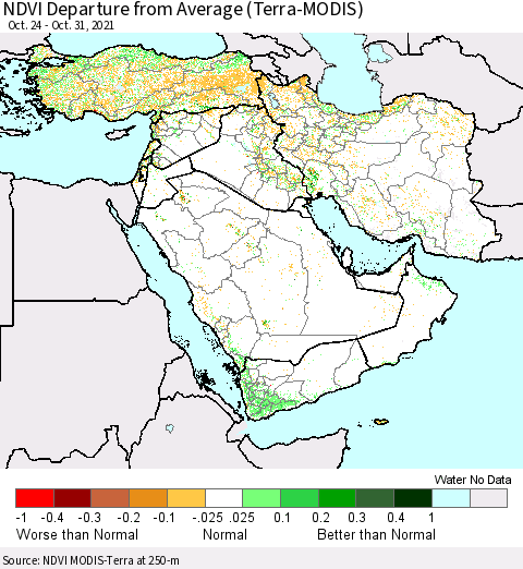Middle East and Turkey NDVI Departure from Average (MODIS-Terra) Thematic Map For 10/21/2021 - 10/31/2021