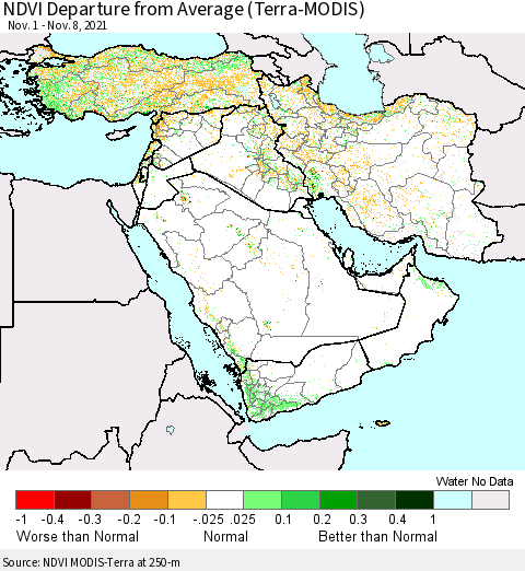 Middle East and Turkey NDVI Departure from Average (Terra-MODIS) Thematic Map For 11/1/2021 - 11/8/2021
