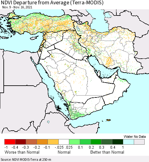 Middle East and Turkey NDVI Departure from Average (Terra-MODIS) Thematic Map For 11/9/2021 - 11/16/2021