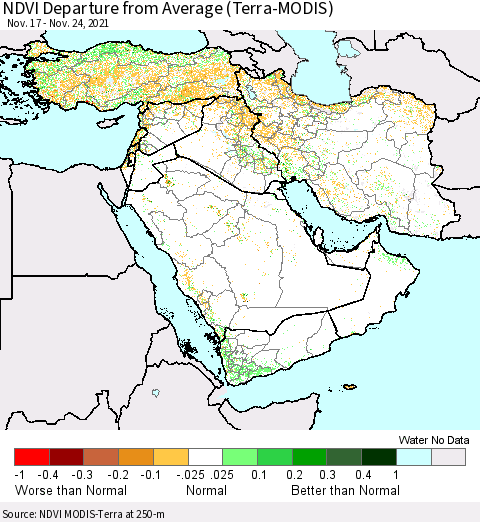 Middle East and Turkey NDVI Departure from Average (Terra-MODIS) Thematic Map For 11/17/2021 - 11/24/2021