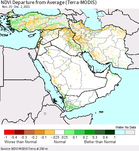 Middle East and Turkey NDVI Departure from Average (Terra-MODIS) Thematic Map For 11/25/2021 - 12/2/2021