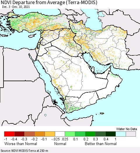 Middle East and Turkey NDVI Departure from Average (Terra-MODIS) Thematic Map For 12/1/2021 - 12/10/2021