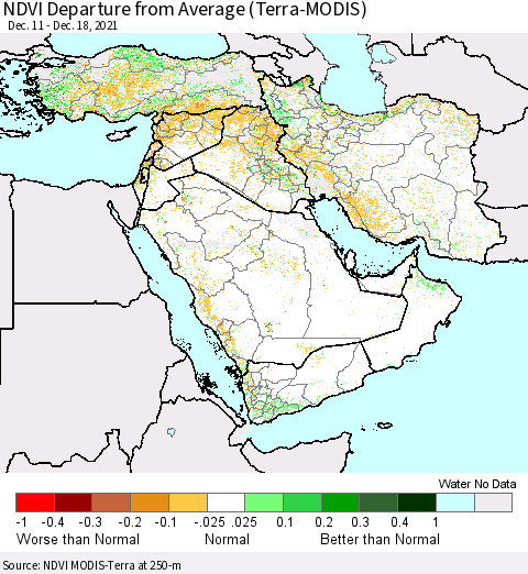 Middle East and Turkey NDVI Departure from Average (Terra-MODIS) Thematic Map For 12/11/2021 - 12/18/2021