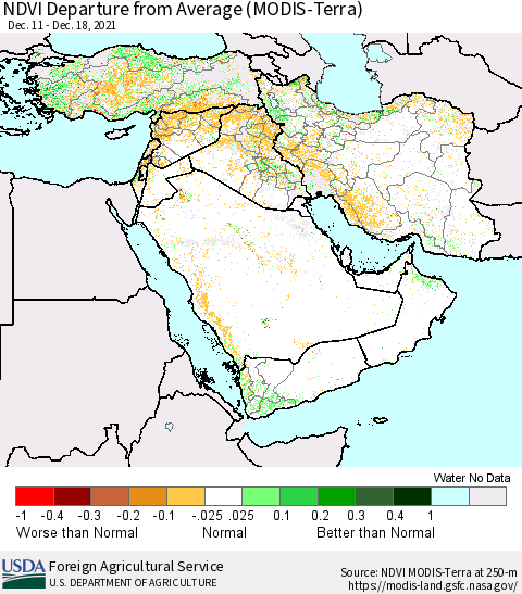 Middle East and Turkey NDVI Departure from Average (Terra-MODIS) Thematic Map For 12/11/2021 - 12/20/2021